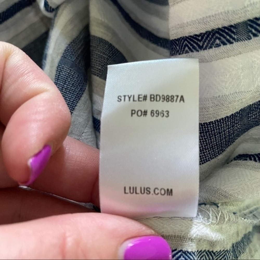 Lulu’s Along the Tides Navy Blue Striped Off-the-Shoulder Mini Dress Bell Sleeve - Picture 13 of 13